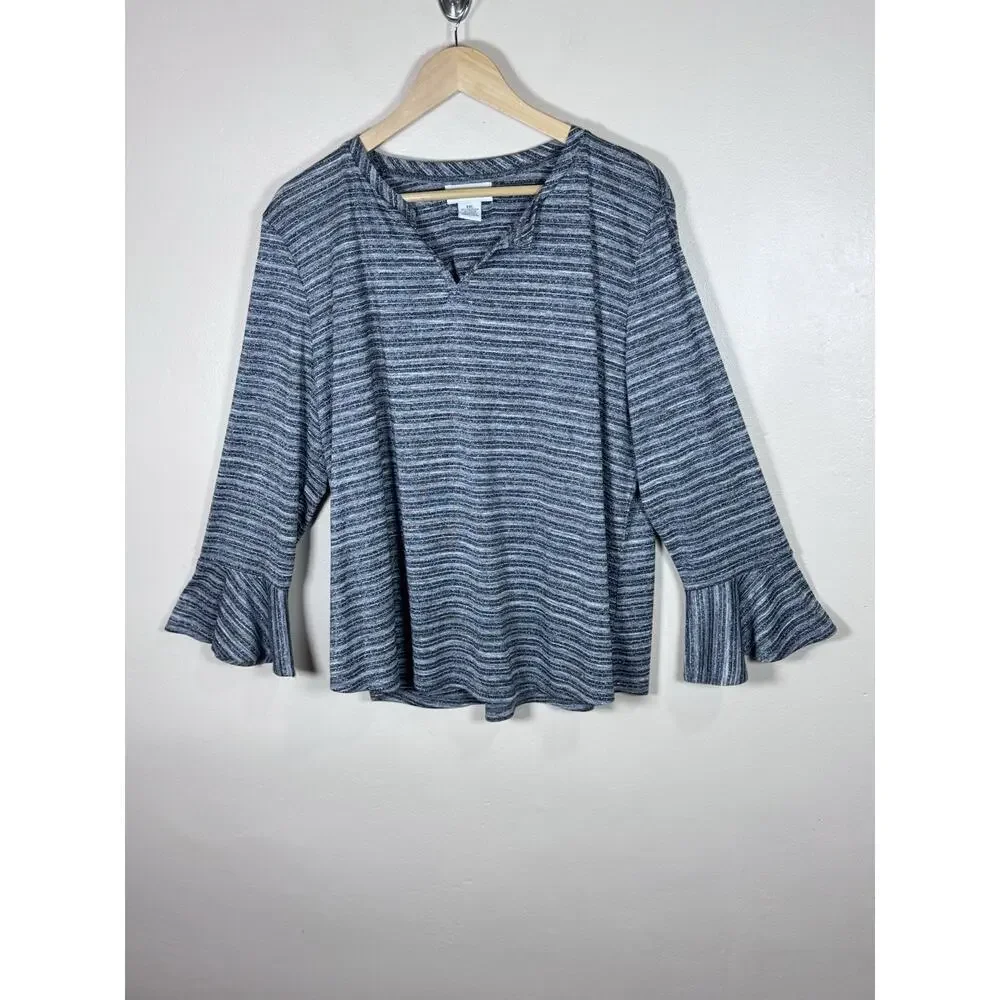 Liz Claiborne Womens Plus Size Blouse Top 3/4 Bell Sleeve Metallic Stretch XXL